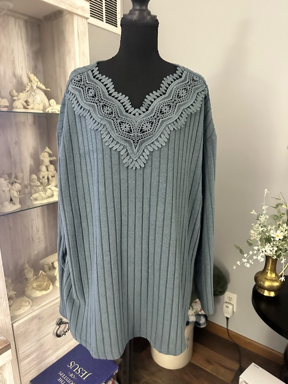 SHEIN Ribbed V‑Neck Sweater with Lace Trim - Dusty Blue